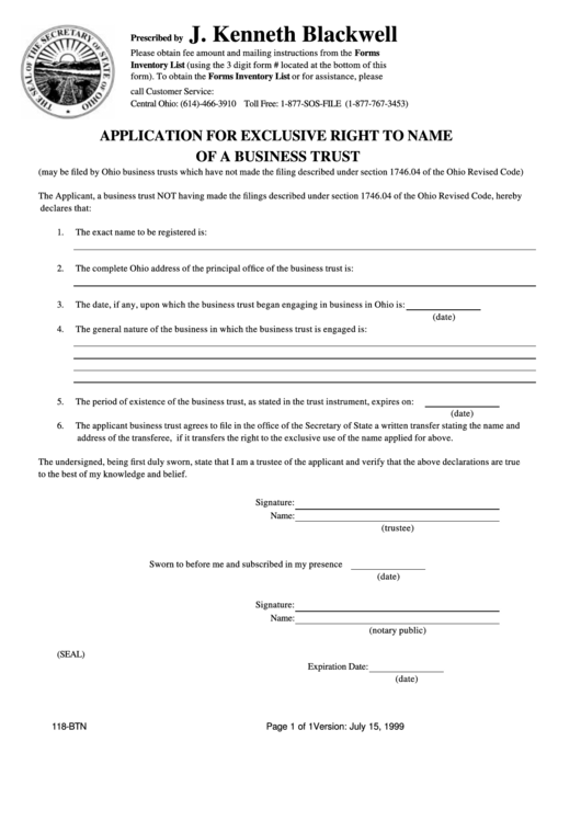Application For Exclusive Right To Name Of A Business Trust Form - State Of Ohio Printable pdf
