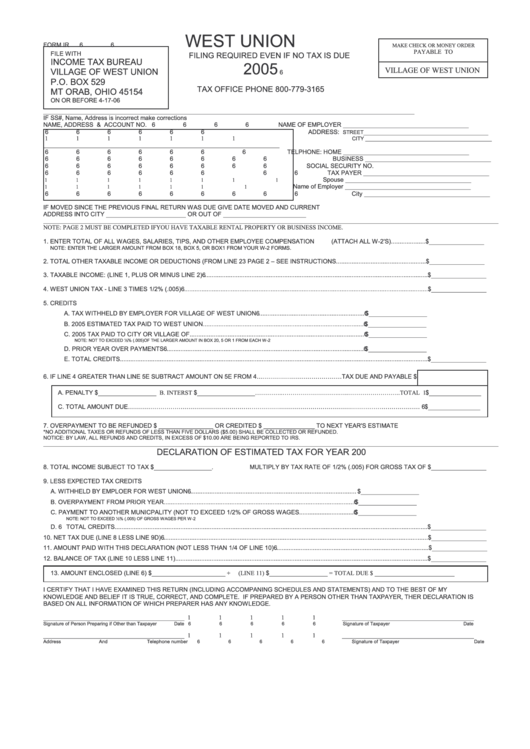 Form Ir - West Union Filing Required Even If No Tax Is Due 2005 - State Of Ohio Printable pdf