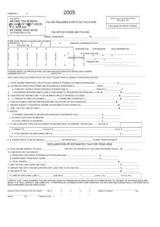 Form Br - Declaration Of Estimated Tax Form Year 2006 - State Of Ohio Printable pdf