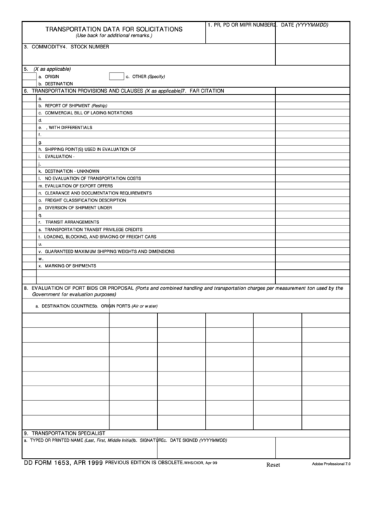 Fillable Dd Form 1653 - Transportation Data For Solicitations Printable pdf