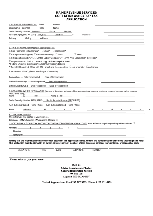 Soft Drink And Syrup Tax Application Form Printable pdf