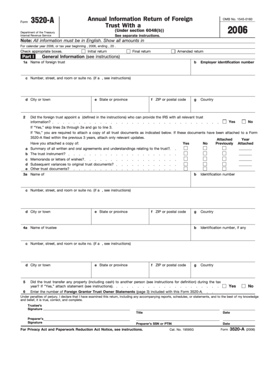 Fillable Form 3520-A - Annual Information Return Of Foreign Trust With A U.s. Owner - 2006 Printable pdf