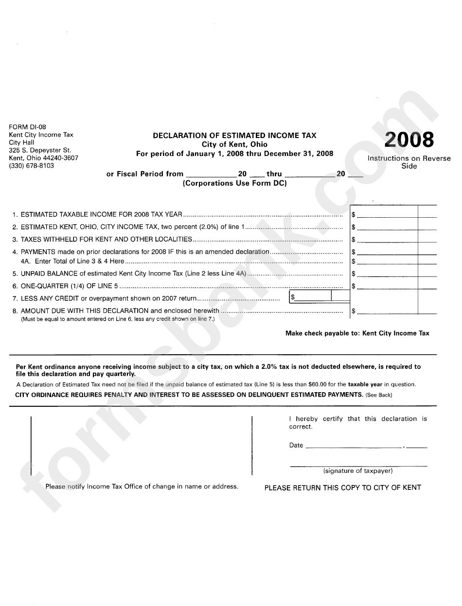 Declaration Of Estimated Income Tax Form 2008 - State Of Ohio