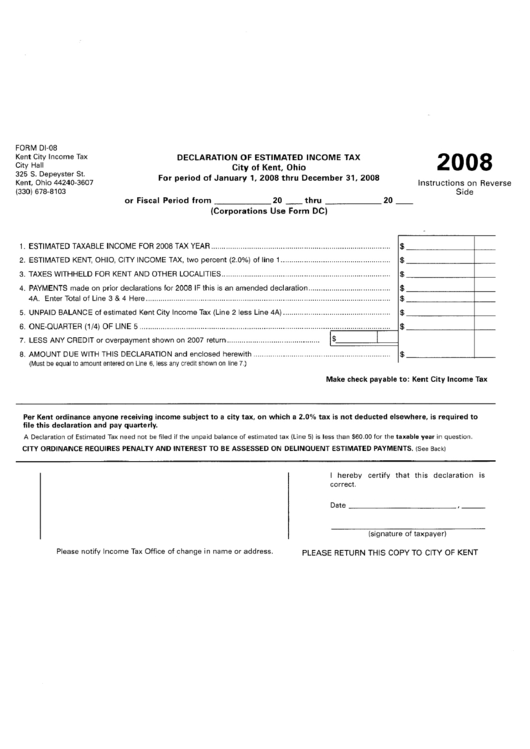 Declaration Of Estimated Income Tax Form 2008 - State Of Ohio Printable pdf