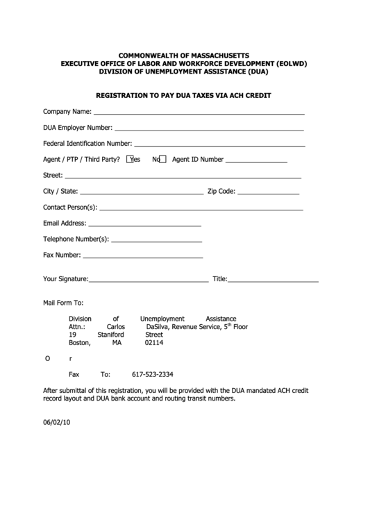 Registration To Pay Dua Taxes Via Ach Credit Form Printable pdf