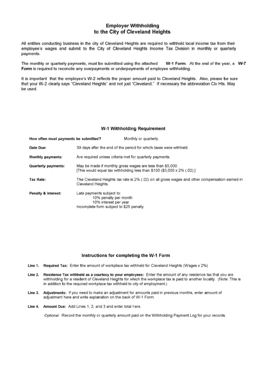 Employer Withholding To The City Of Cleveland Heights Printable pdf