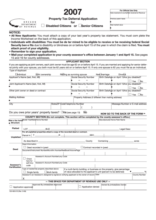 Fillable Form 150-490-015 - Property Tax Deferral Application For Disabled Citizens Or Senior Citizens - 2007 Printable pdf