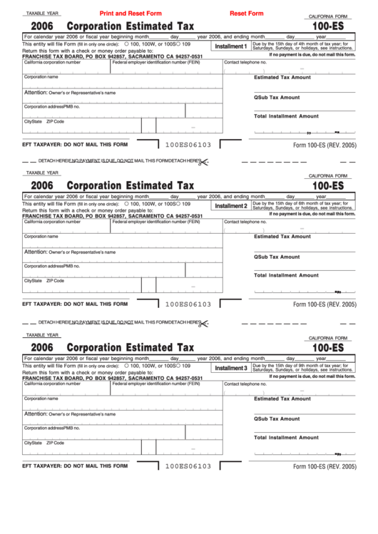 Fillable California Form 100-Es - Corporation Estimated Tax - 2006 Printable pdf