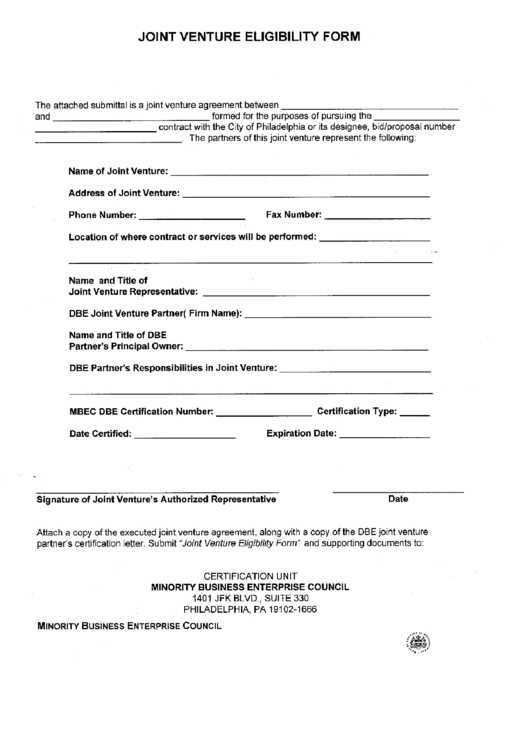 Fillable Joint Venture Eligibility Form Printable pdf