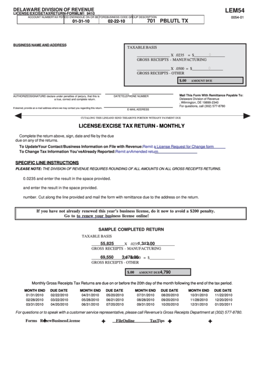 Fillable Form Lm1 9410 - License/excise Tax Return - 2010 Printable pdf