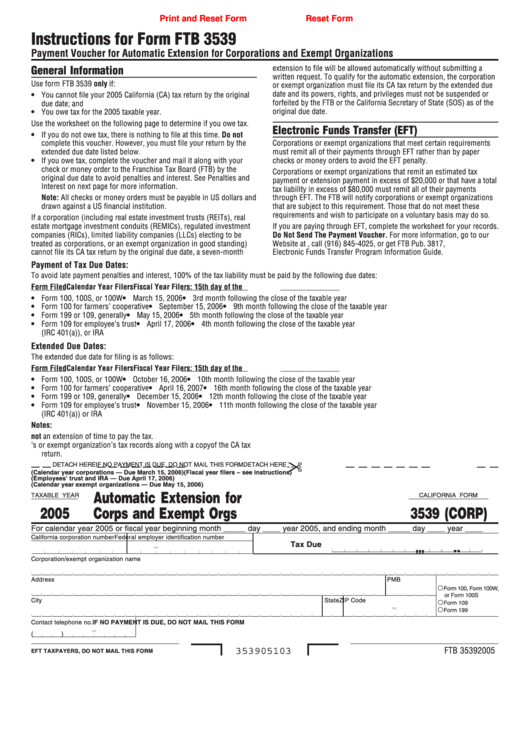 Fillable California Form 3539 (Corp) - Payment Voucher For Automatic Extension For Corporations And Exempt Organizations - 2005 Printable pdf