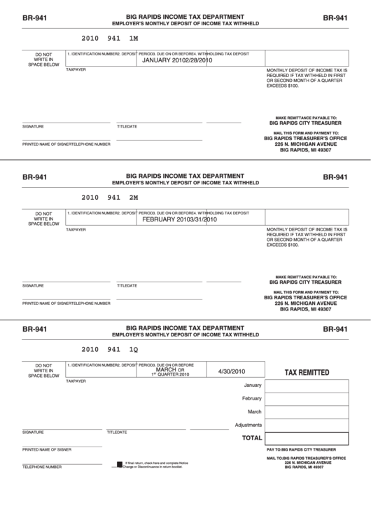 Form Br-941 - Big Rapids Income Tax Department Employer