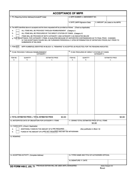 Fillable Dd Form 448-2 - Acceptance Of Mipr Printable pdf