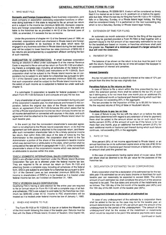General Instructions Form Ri-1120 Printable pdf