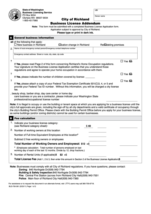 Business License Addendum Form - City Of Richland Printable pdf