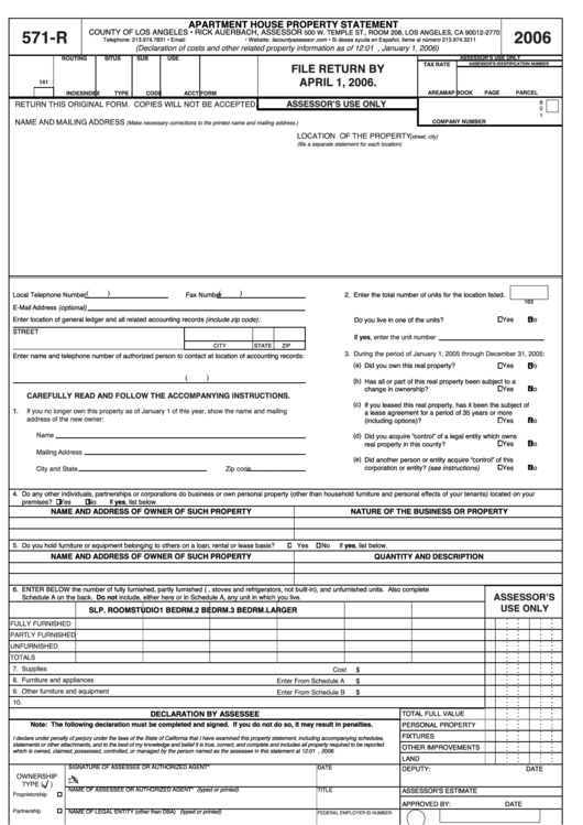 Form 571-R - Apartment House Property Statement - 2006 Printable pdf