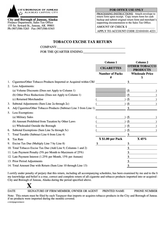Tobacco Excise Tax Return Form - City And Borough Of Juneau Printable pdf