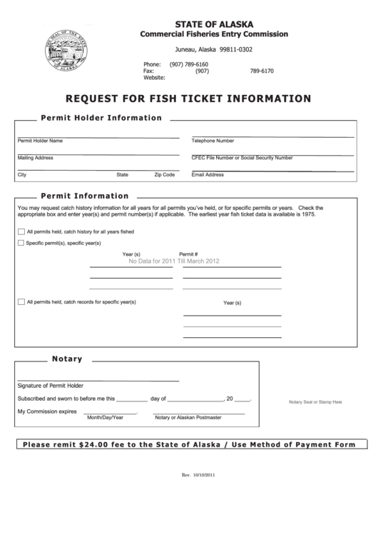 Request For Fish Ticket Information Form - Commercial Fisheries Entry Commission Printable pdf