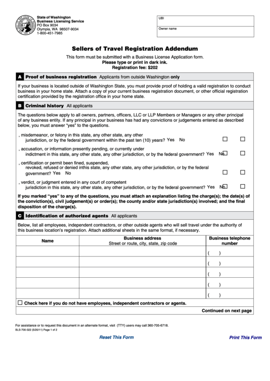 Fillable Form Bls-700-322 - Sellers Of Travel Registration Addendum Printable pdf