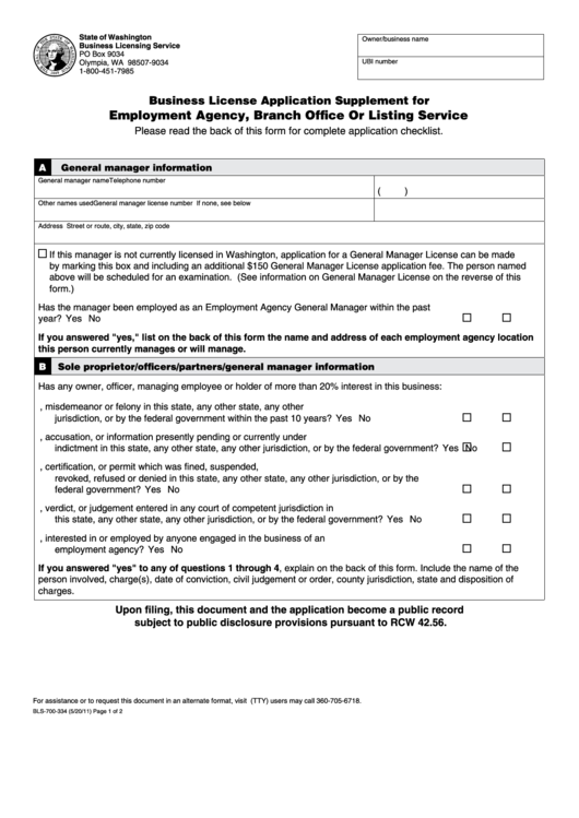 Form Bls-700-334 - Business License Application Supplement For Employment Agency, Branch Office Or Listing Service Printable pdf