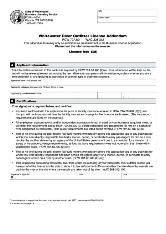 Form Bls-700-309 - Whitewater River Outfitter License Addendum Printable pdf