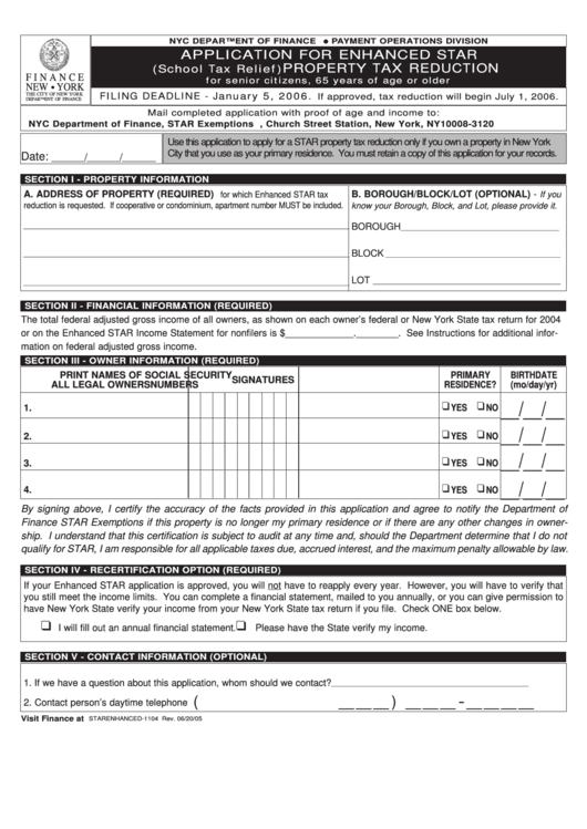 Fillable Application Form For Enhanced Star (School Tax Relief) Property Tax Reduction For Senior Citizens, 65 Years Of Age Or Older - State Of New York Printable pdf
