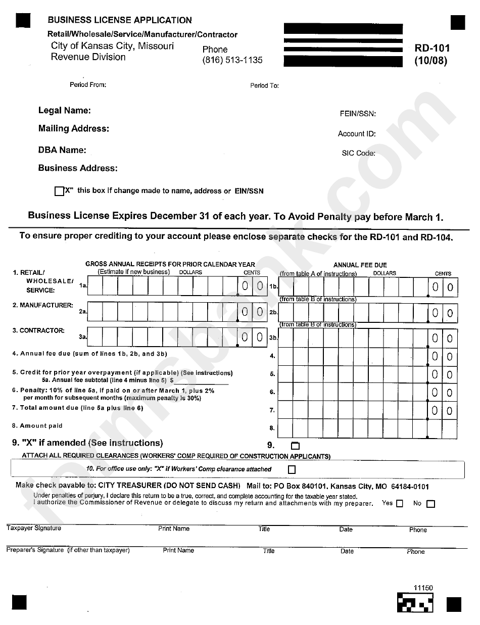 Form Rd-101 - Business License Application - Retail / Wholesale / Service / Manufacturer / Contractor
