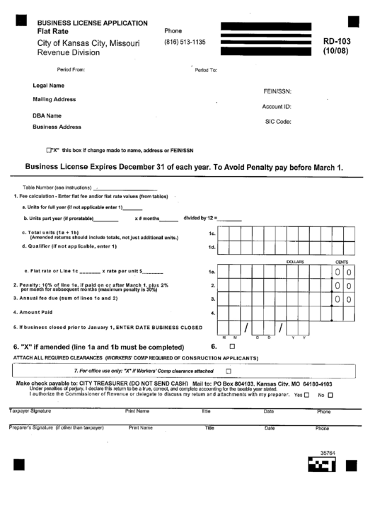 Fillable Form Rd-103 - Business License Application - Flat Rate Printable pdf