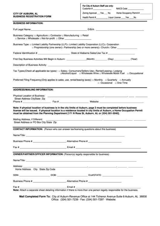 Business Registration Form - City Of Auburn, Al printable pdf download