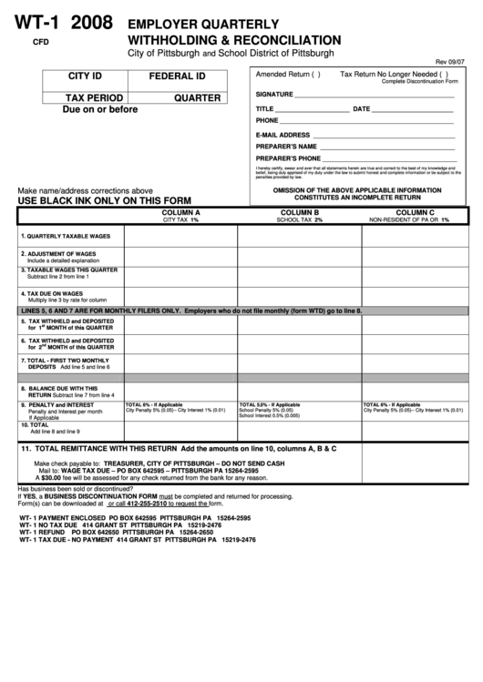 Form Wt-1 - Employer Quarterly Withholding & Reconciliation - 2008 Printable pdf