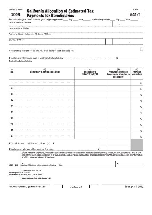 Fillable Form 541-T - California Allocation Of Estimated Tax Payments For Beneficiaries - 2009 Printable pdf
