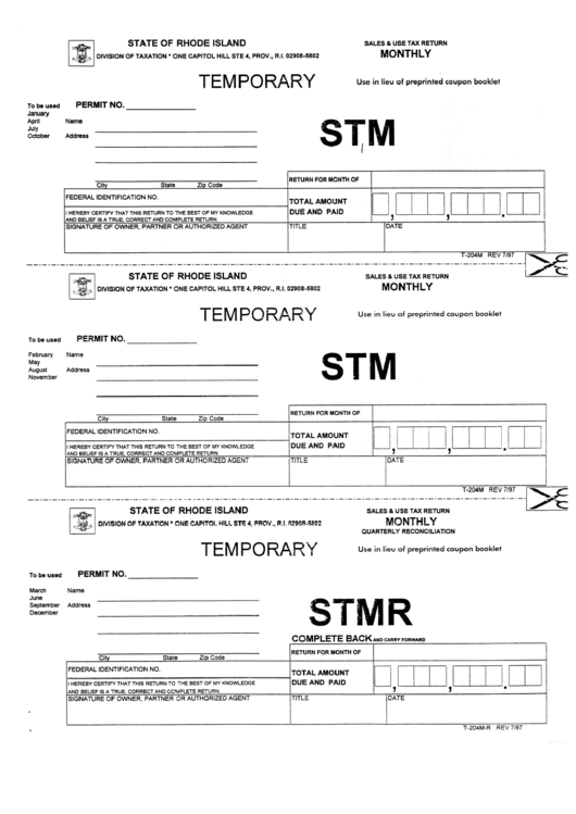 Form T-204m - Sales And Use Tax Return Monthly Printable pdf