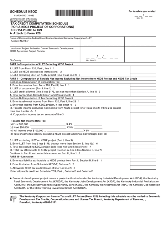Form 41a720-S40 - Schedule Keoz - Tax Credit Computation Schedule (For A Keoz Project Of Corporations) - 2008 Printable pdf