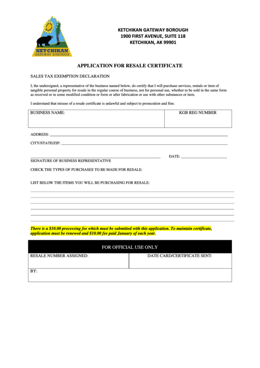 Application For Resale Certificate Form - Ketchikan Gateway Borough Printable pdf