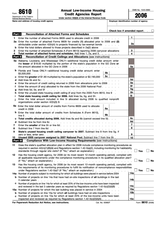 Fillable Form 8610 - Annual Low-Income Housing Credit Agencies Report Printable pdf