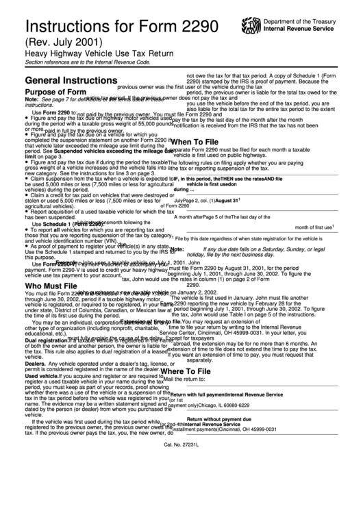 Instructions For Form 2290 - Heavy Highway Vehicle Use Tax Return - 2001 Printable pdf