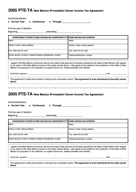 Form Pte-Ta - New Mexico Nonresident Owner Income Tax Agreement - 2005 Printable pdf