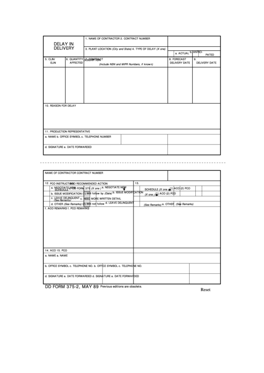 Fillable Dd Form 375-2 - Delay In Delivery Printable pdf
