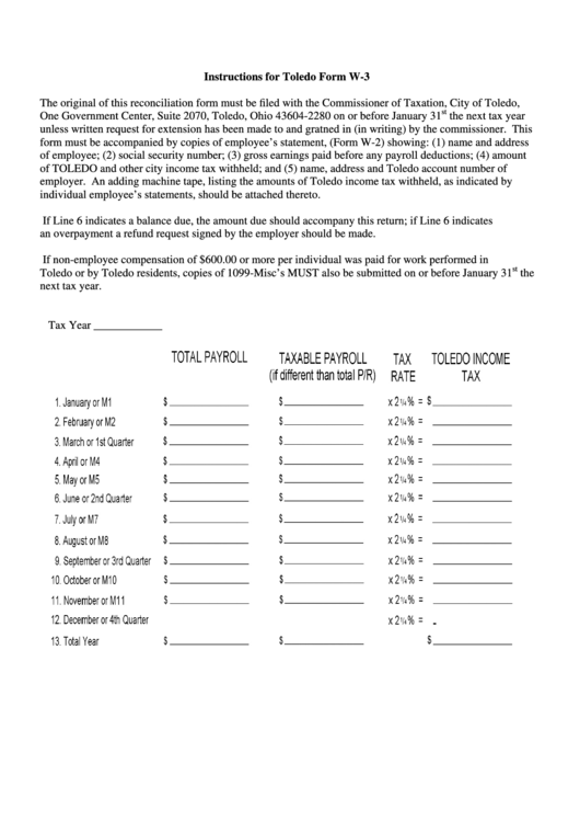 Instructions For Toledo Form W-3 Printable pdf
