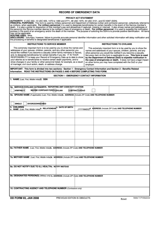 Fillable Dd Form 93 - Record Of Emergency Data Printable pdf