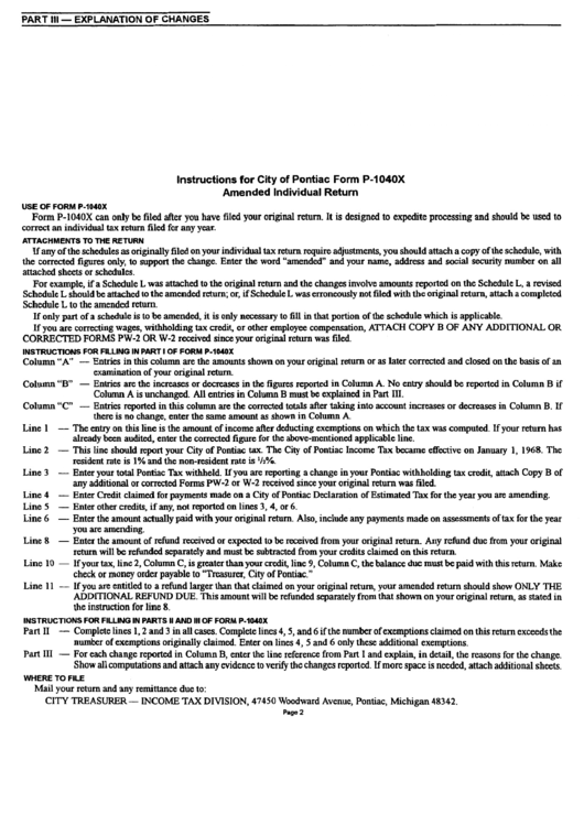 Instructions For City Of Pontiac Form P-1040x - Amended Individual Return Printable pdf