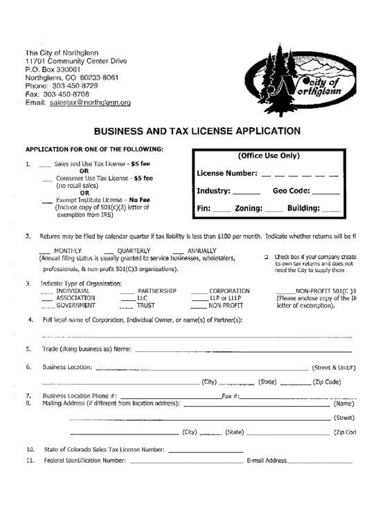 Business And Tax License Application Form Printable pdf
