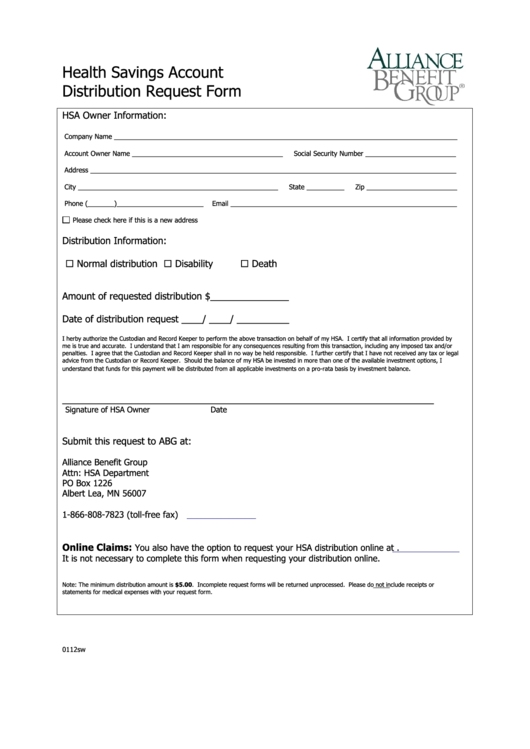 Health Savings Account Distribution Request Form Printable pdf
