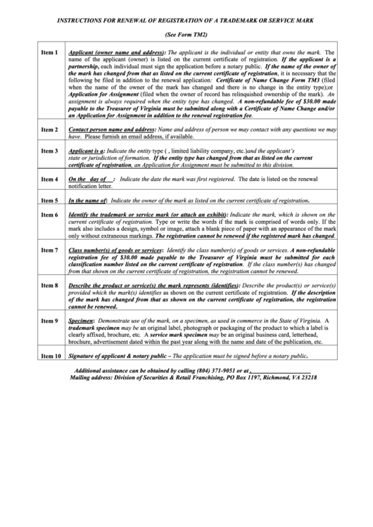 Form Tm 2 - Application For Renewal Of Registration Of A Trademark Or Service Mark Printable pdf