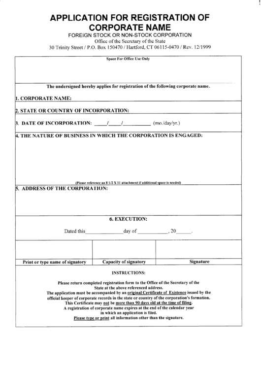 Application For Registration Of Corporate Name Printable pdf