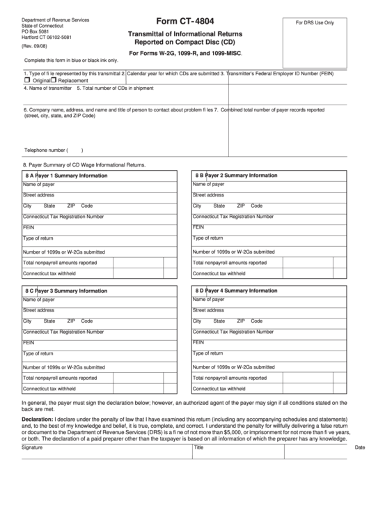 Form Ct-4804 - Transmittal Of Informational Returns Reported On Compact Disc (Cd) Printable pdf