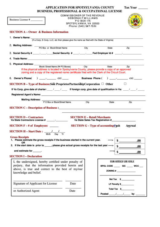 Application For Spotsylvania County Business, Professional & Occupational License Printable pdf