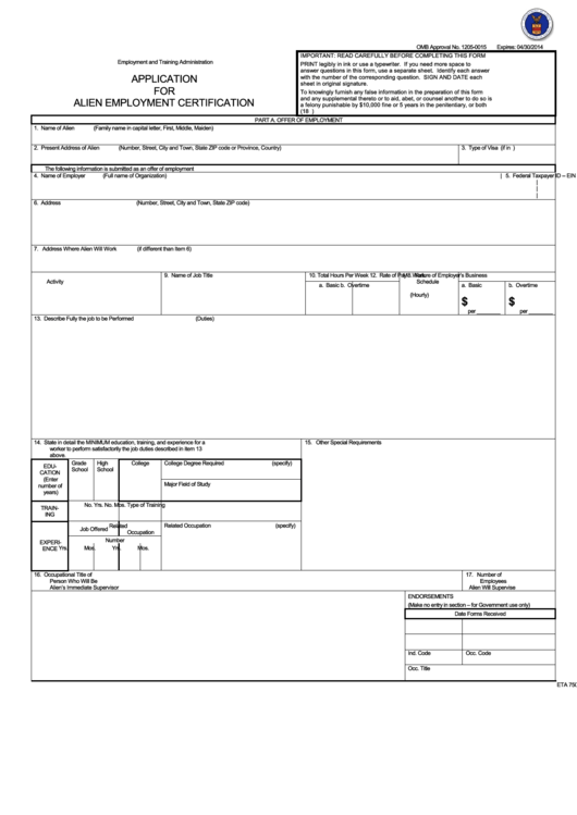Form Eta 750 - Application For Alien Employment Certification Printable pdf