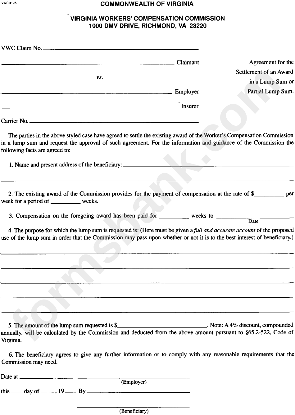 Form 12a - Agreement For The Settlement Of An Award In A Lump Sum Or Partial Lump Sum