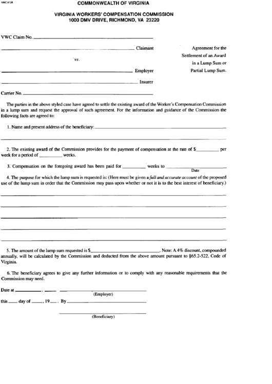 Fillable Form 12a - Agreement For The Settlement Of An Award In A Lump Sum Or Partial Lump Sum Printable pdf